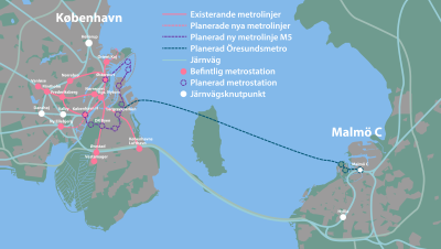 Kortet viser Øresund med forbindelser mellem Malmø og København