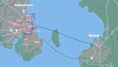 Kartan visar förbindelser mellan Malmö och Köpenhamn